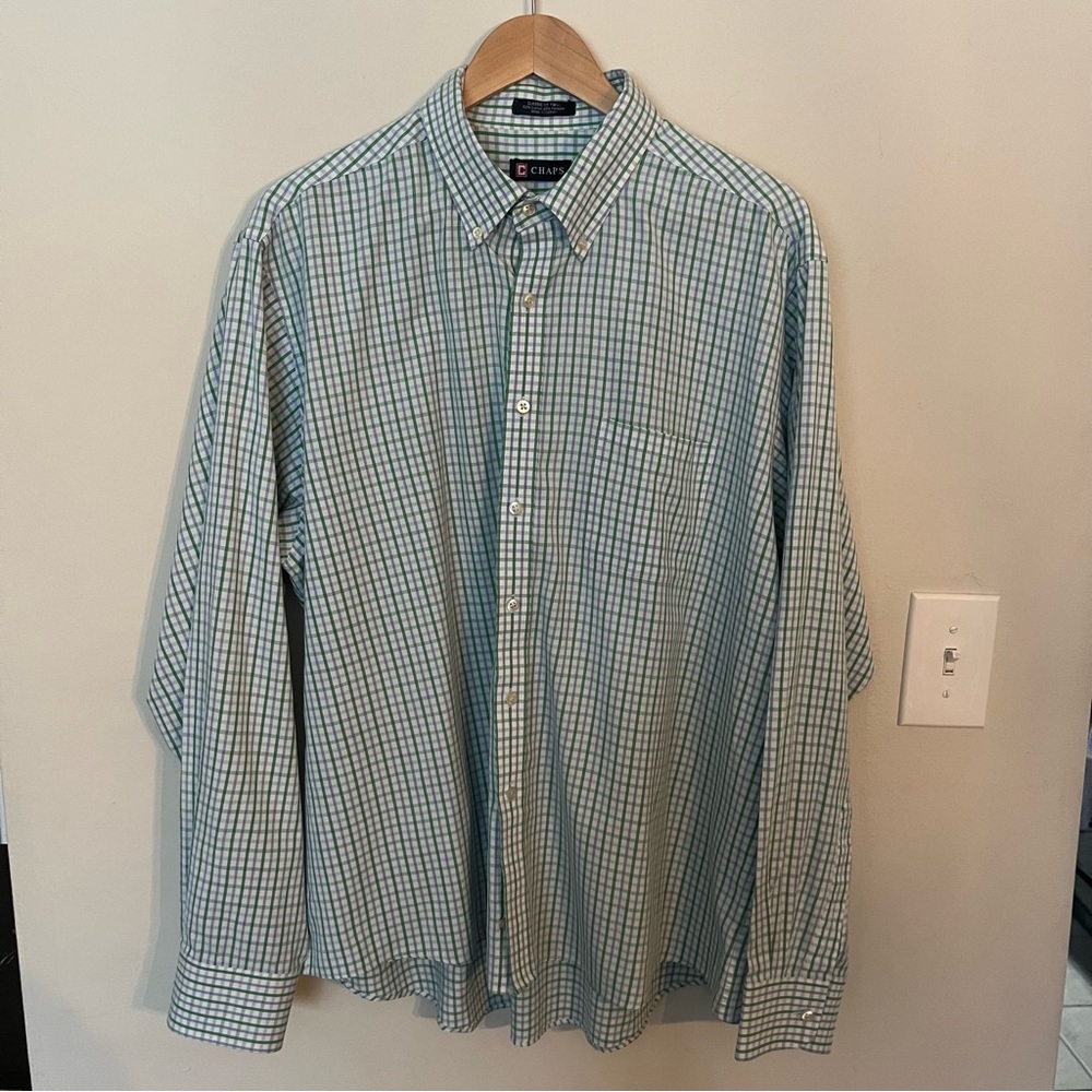 Chaps Green & White Plaid Shirt, Sz 18-18.5